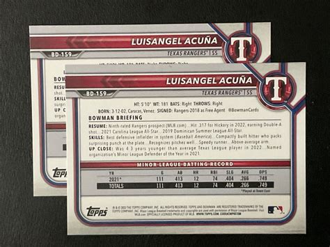 Luisangel Acuna 2022 Bowman Draft Prospect Cards X2 Card Lot BD 159