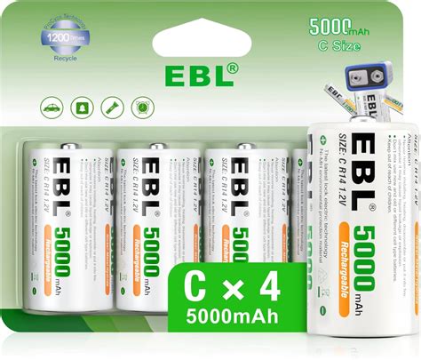 Ebl 4 Pack Rechargeable C Batteries 5000mah High Capacity 12v Ni Mh