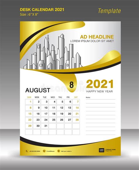 Creative Calendar 2021 Template Gold Background Concept, August Month ...