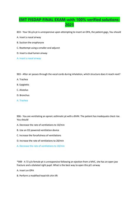 Solution Emt Fisdap Final Exam With Verified Solutions