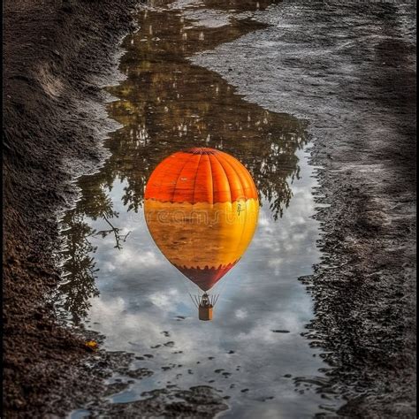 Hot Air Balloon Floats Gracefully Above A Tranquil Puddle Reflecting Warm Hues In The Early