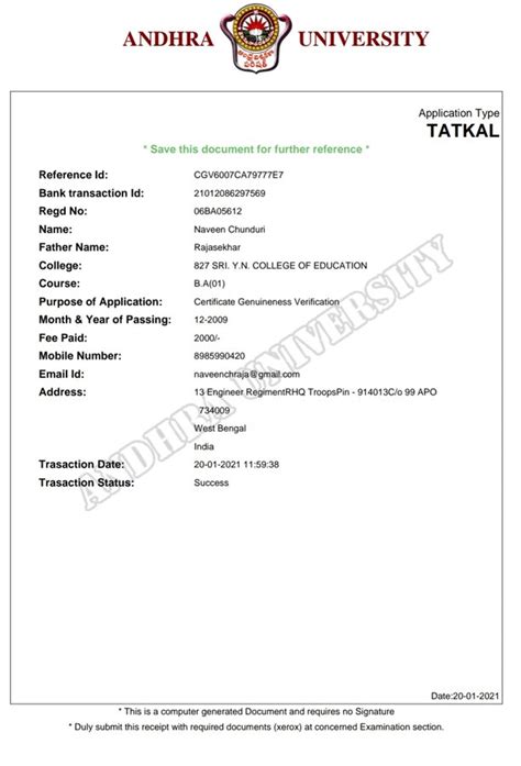 Resolved Andhra University — Non Receipt Of Tatkal Online Certificate