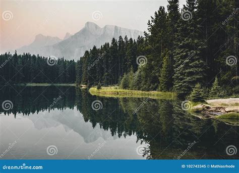 Mount Rundle And Two Jack Lake In Alberta Canada Stock Image Image