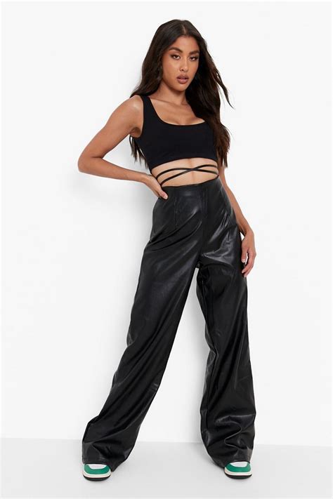 Tie Waist Faux Leather Pu Wide Leg Pants Boohoo