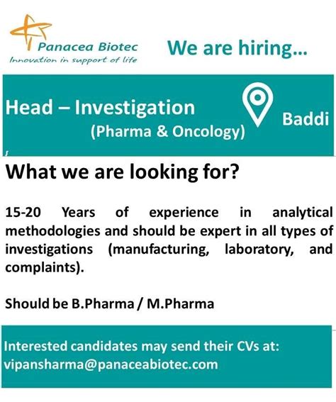 panacea biotec hiring  head investigation pharma oncology