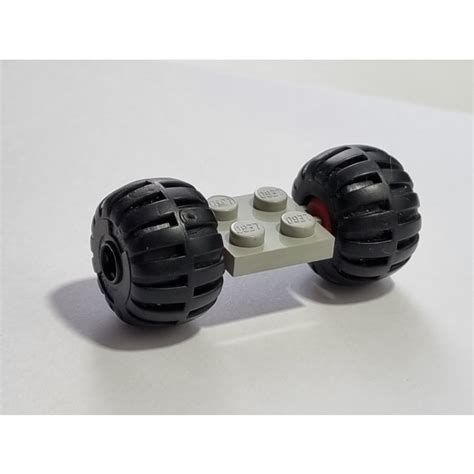 Lego Light Gray Plate X With Red Wheels With Black Balloon Tires