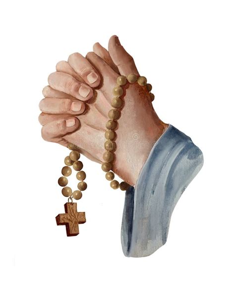 HANDS Of A PRAYING MAN With A ROSARY WATERCOLOR ILLUSTRATION Stock