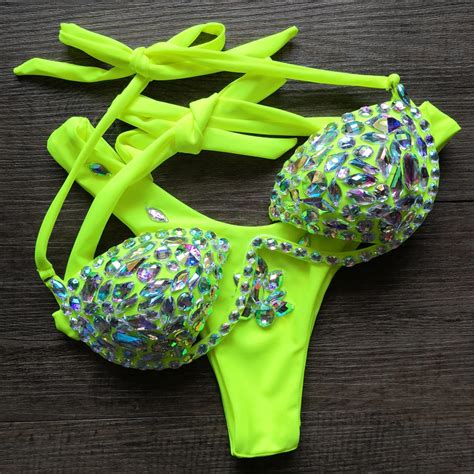 Vikinii Rhinestone Neon Green Bikinis Women 2021 Diamond Push Up