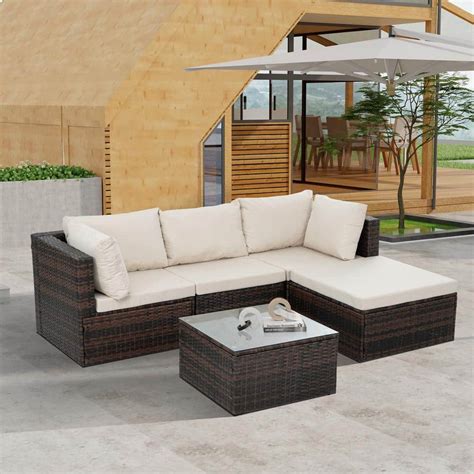 Cesicia Brown 5 Pieces Wicker Outdoor Sectional Set With Tempered Glass