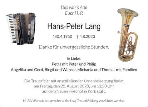 Traueranzeigen Von Hans Peter Lang ZVW Trauer