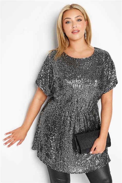 Yours London Plus Size Silver Sequin Embellished Peplum Top Yours