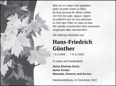 Traueranzeigen Von Hans Friedrich Günther Trauer Nordkurier