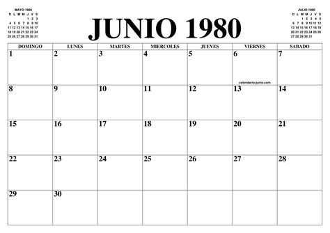 CALENDARIO JUNIO 1980 EL CALENDARIO JUNIO PARA IMPRIMIR GRATIS MES