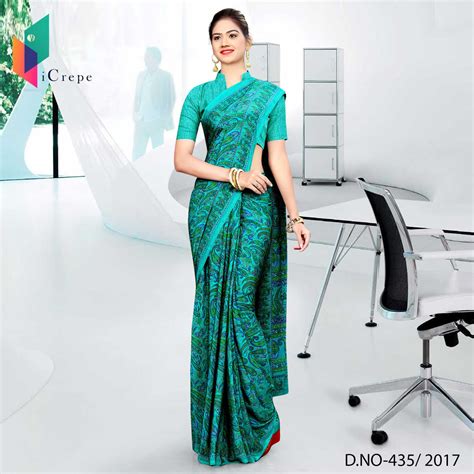 Green Fine Printed Italian Crepe Uniform Saree Uniform Sarees