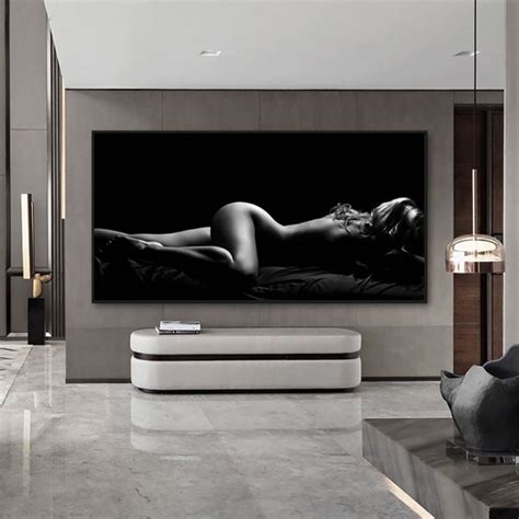 Phụ Nữ Ngủ Sexy Áp phích Nghệ Thuật Màu Nude Hiện Đại Tranh Vải Bố Màu Đen Và Thân Trắng Tranh