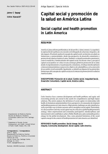 Capital Social y Promoción de la Salud en América Latina Nu uDocz