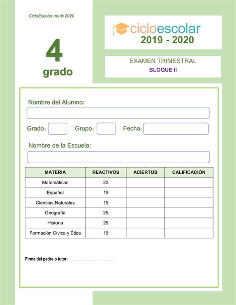 Examen Trimestral Cuarto Grado Bloque Ii