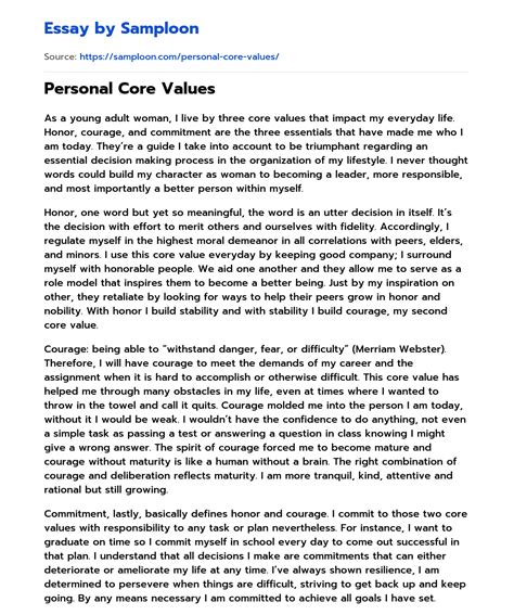 ≫ Personal Core Values Free Essay Sample On