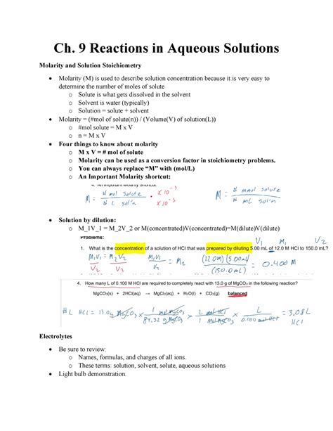 Chem Ch Notes Ch Reactions In Aqueous Solutions Molarity