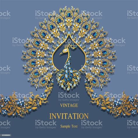 Wedding Invitation Card Templates With Gold Peacock Feathers Patterned