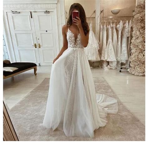 Wedding Dress Boho Spaghetti Strap Appliques Lace Bohemian Wedding