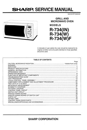 Sharp Microwave Oven Service Manual For Model R 734