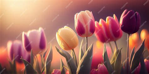 Premium Photo Field Of Colorful Tulips Red Field Spring Panorama Ai