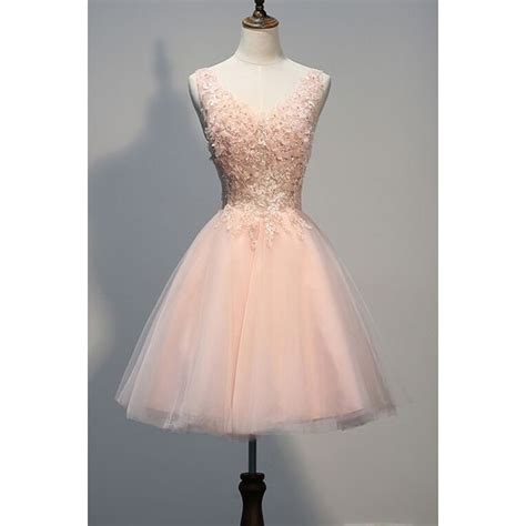 Ball V Neck Short Blush Pink Tulle Applique Beaded Prom Dress