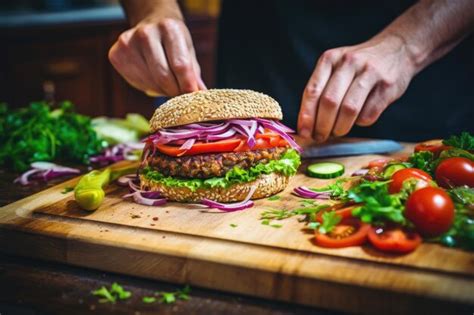 Premium Ai Image Man Cooking Vegan Burger On A Kitchen Generative Ai