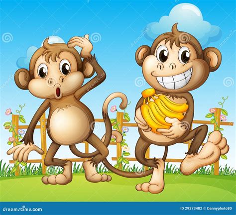 Two Monkeys With Banana Inside The Fence Stock Photography - Image ...