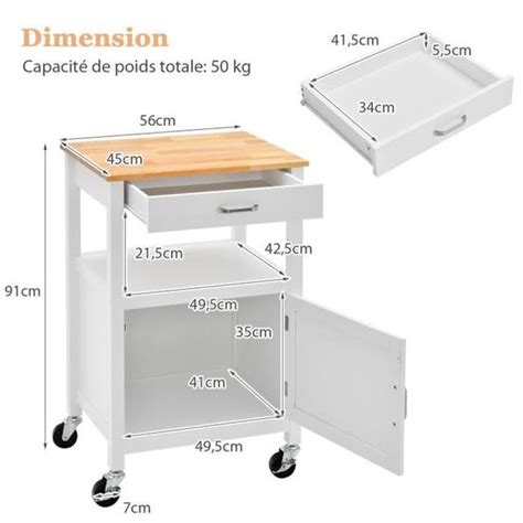 COSTWAY Desserte de Cuisine à Roulettes avec Tiroir et Placard