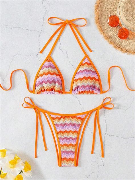 SHEIN Swim Summer Beach Women S Vacation Halter Neck Chevron Pattern Bikini Set SHEIN