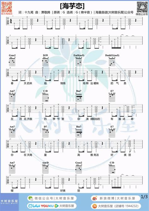 海芋恋吉他谱原版歌曲简单g调弹唱教学六线谱指弹简谱3张图 吉他谱 中国曲谱网