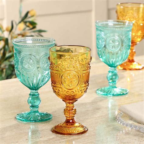 Set Of Four Embossed Coloured Wine Goblets By Dibor