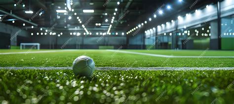 A soccer ball sits on the artificial turf of an indoor soccer field ...