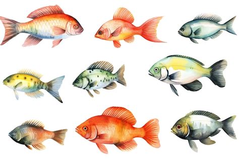 Una colección de ilustraciones de peces en acuarela Foto Premium