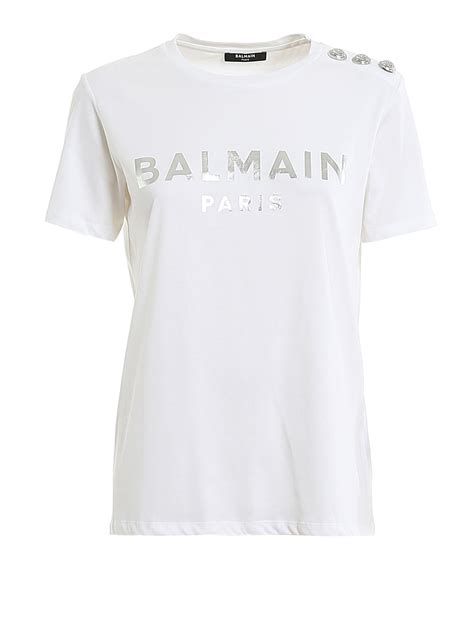 T Shirts Balmain Silver Logo T Shirt With Buttons TF01350I414GAC