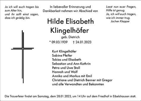 Traueranzeigen von Hilde Elisabeth Klingelhöfer vrm trauer de