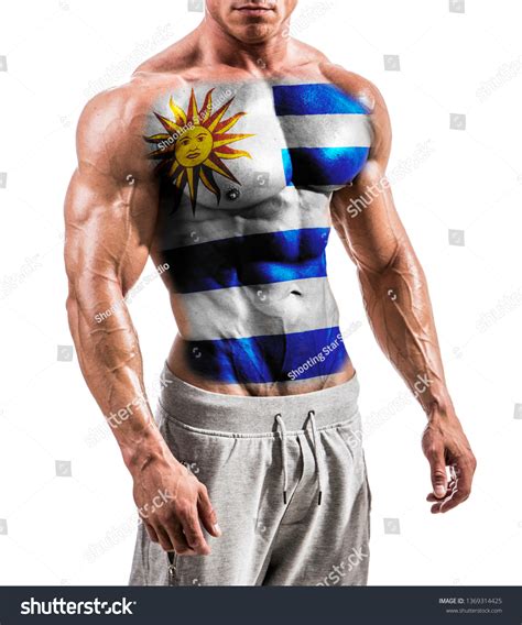 Torso Shirtless Muscular Man Uruguay Flag Stock Photo