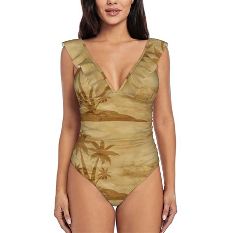 Disketp Retro Palm Tree PrintWomen's Ruffled One Piece Swimsuit V Neck