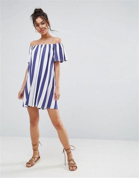 Asos Asos Off Shoulder Sundress In Deckchair Stripe Maxi Dress Prom