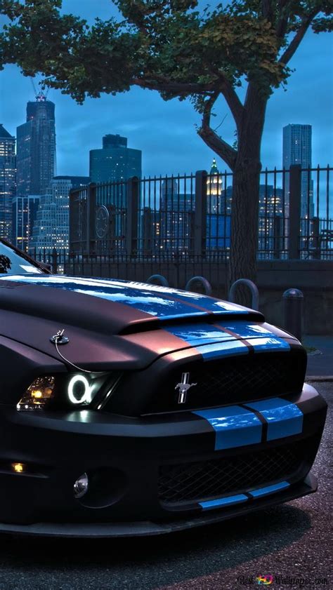 Parked Ford Mustang at night city view HD wallpaper download