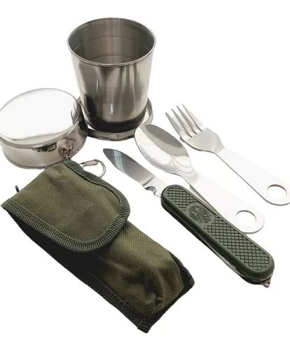 Kit Camping Supervivencia Set Cubiertos Vaso Plegable Metal