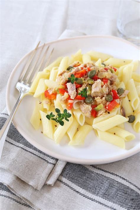 Pasta Penne With Tuna Bell Pepper And Capers Stock Image Image Of