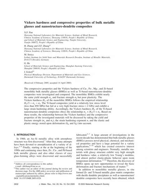 Pdf Vickers Hardness And Compressive Properties Of Bulk Metallic