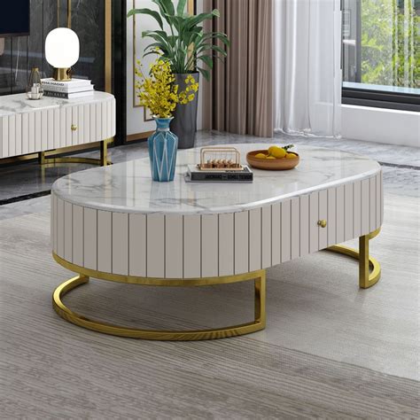 Epaule Table Basse Ovale Moderne En Faux Marbre Avec Tiroirs Et Base