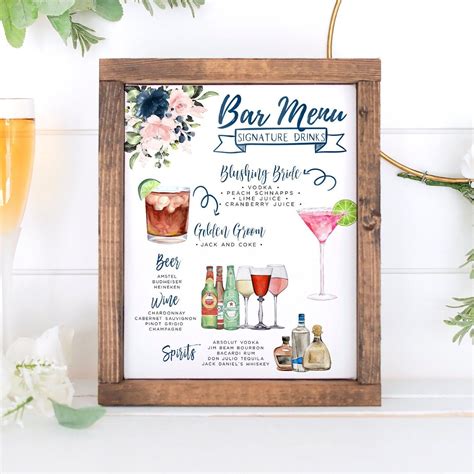 Signature drinks sign navy blue and pink wedding bar menu template