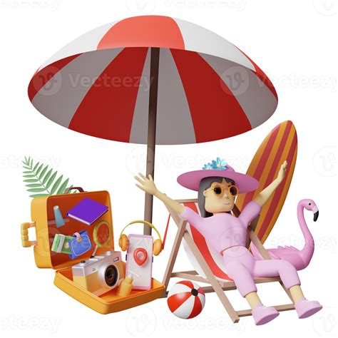 Summer Travel With Woman Sitting On Beach Chair And Orange Suitcase Surfboard Umbrella