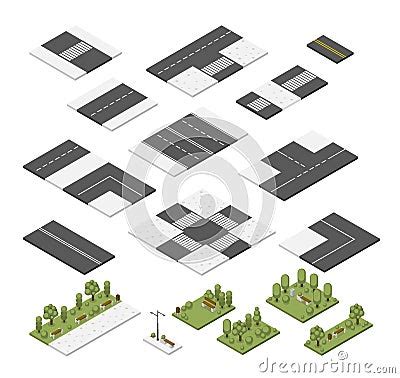 Isometric City Streets Elements Road Modules Design Lawn And Park