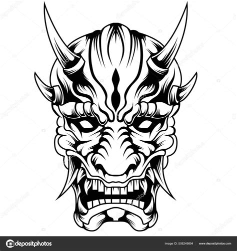 Masque Oni Style Tatouage Japonais Noir Blanc Illustration Vectorielle